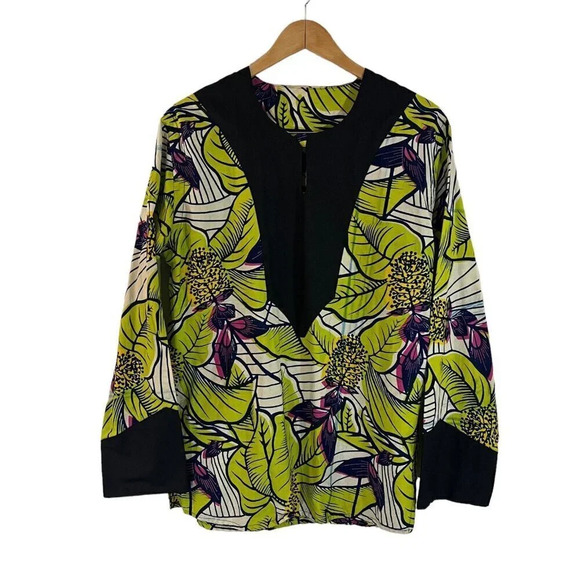 Tropical Tunic Blouse Bright Colors Like Green Yellow All Over Pattern Keyhole - Picture 1 of 6